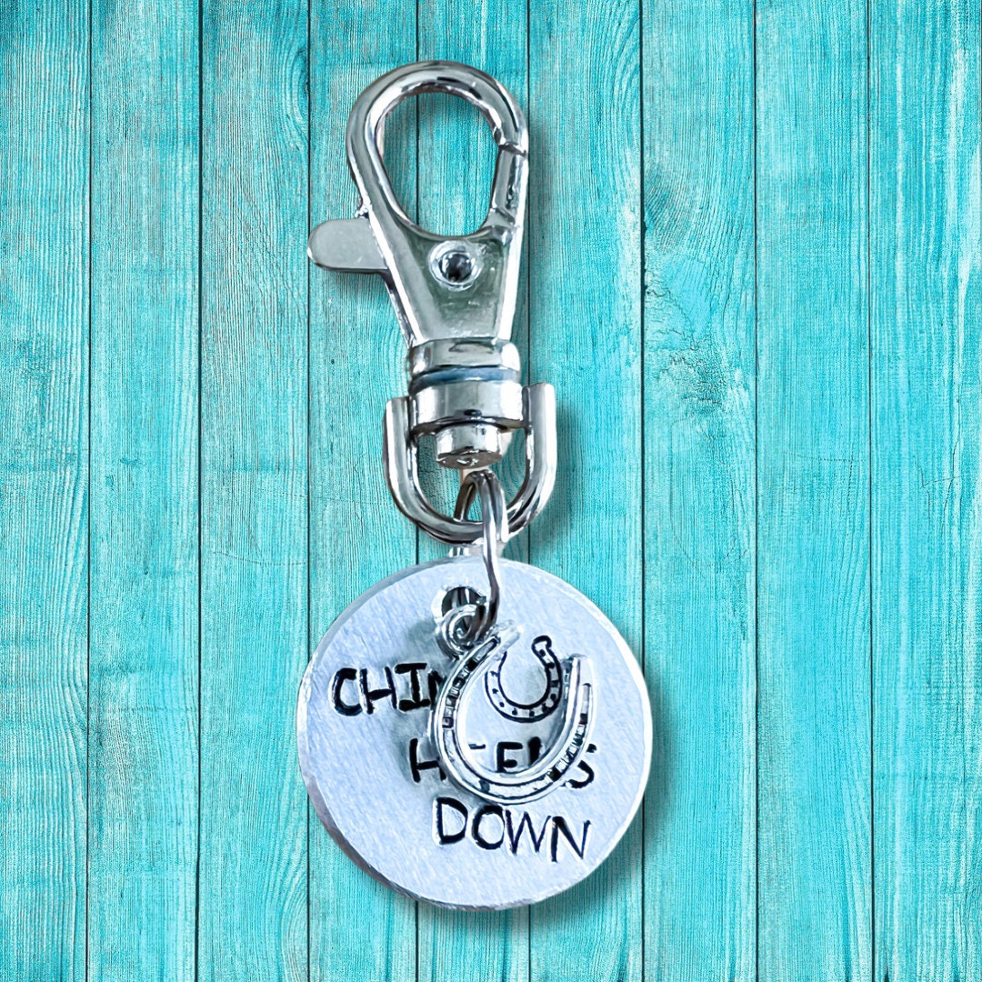 Heels Down key chain / Bridle/ halter charm. Personalised horse name tag. Hand stamped. Horse lover gift