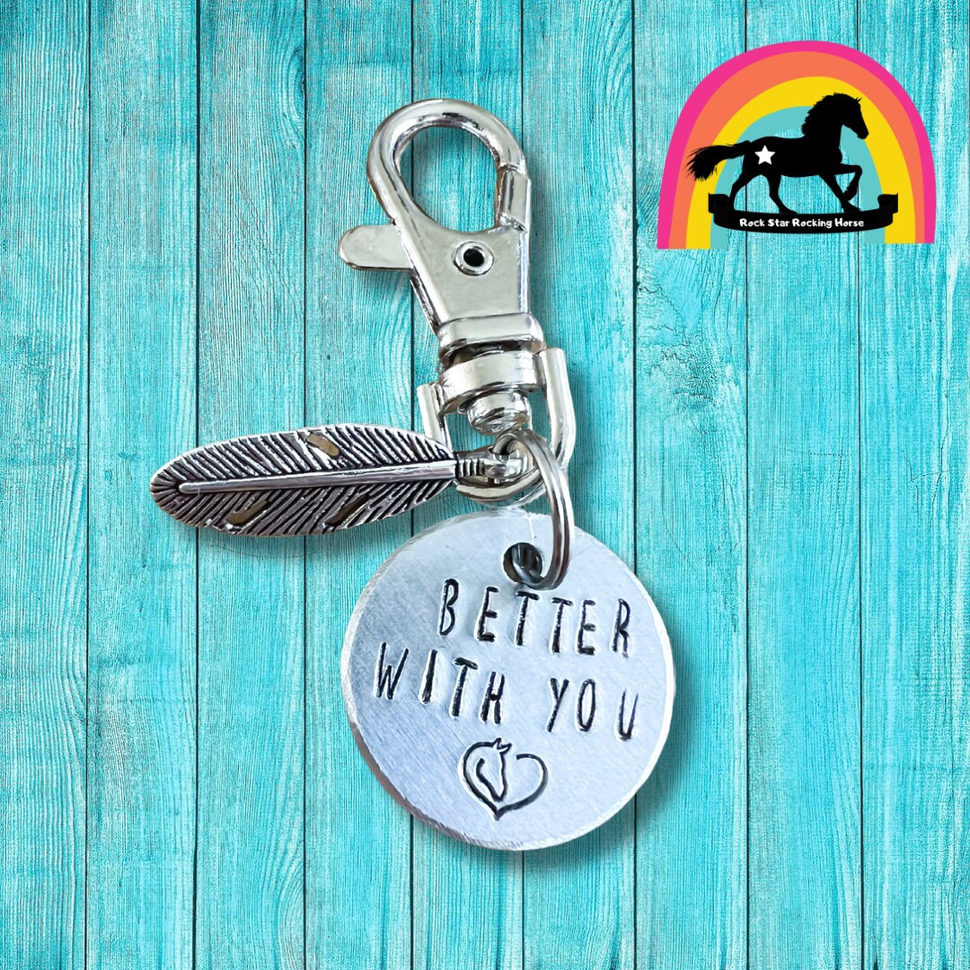 Better with You, feather / Bridle/ halter charm. Personalised horse name tag. Hand stamped. Horse lover gift