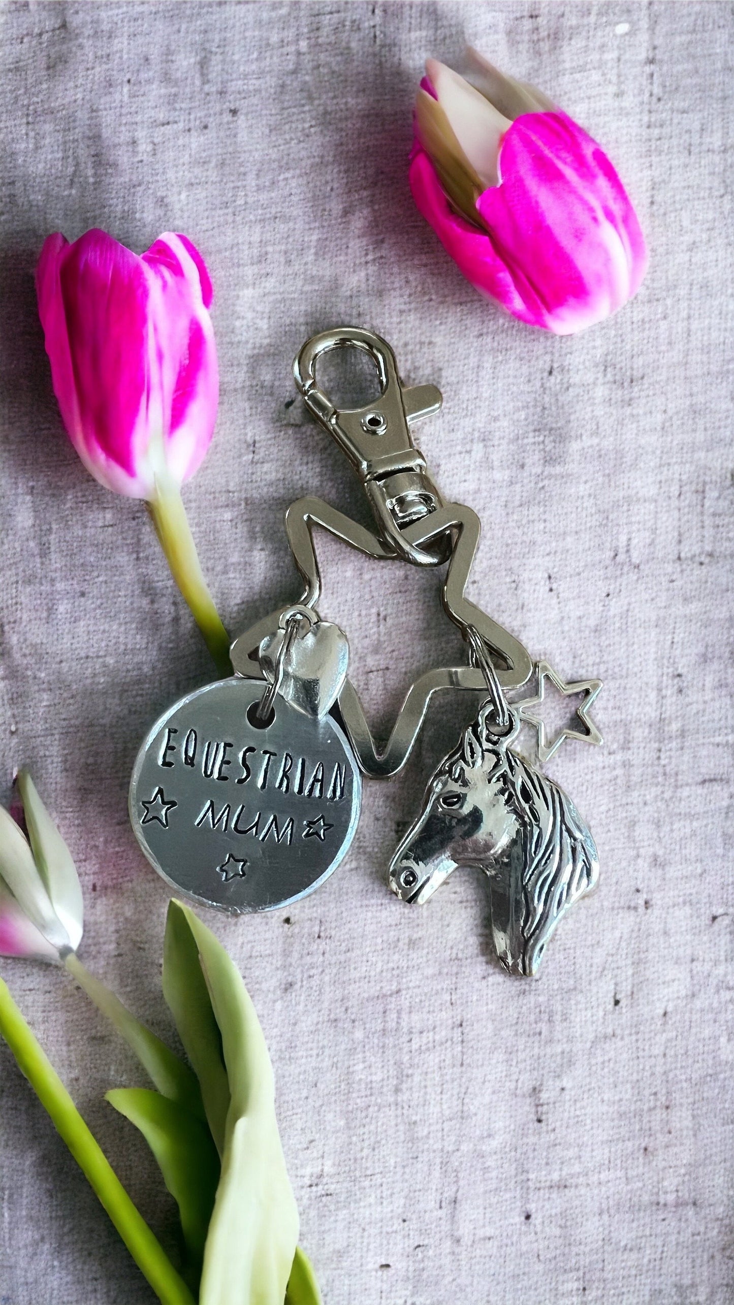 Horse lover key chain. Equestrian Mum /Mom. Hand stamped keyring . Equestrian gift