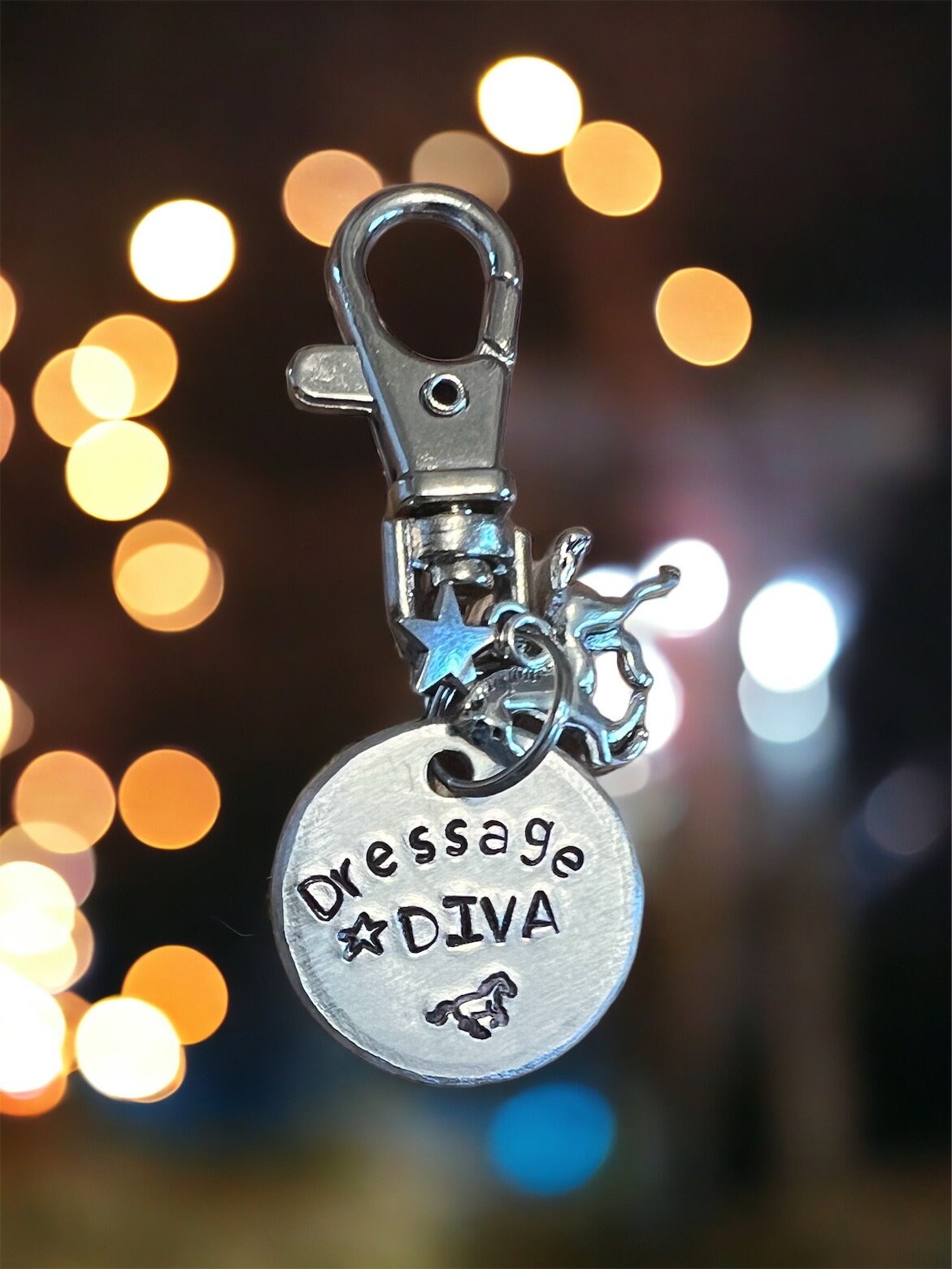 Dressage Diva / Bridle/ halter/ Saddle charm. Personalised horse name tag. Hand stamped. Horse lover gift