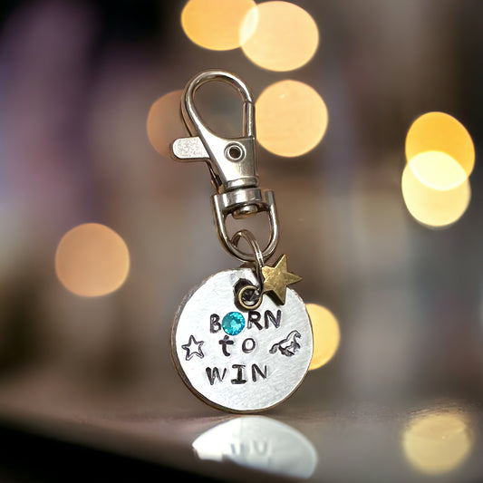 Born to Win key chain / Bridle/ halter charm. Personalised horse name tag. Hand stamped. Horse lover gift