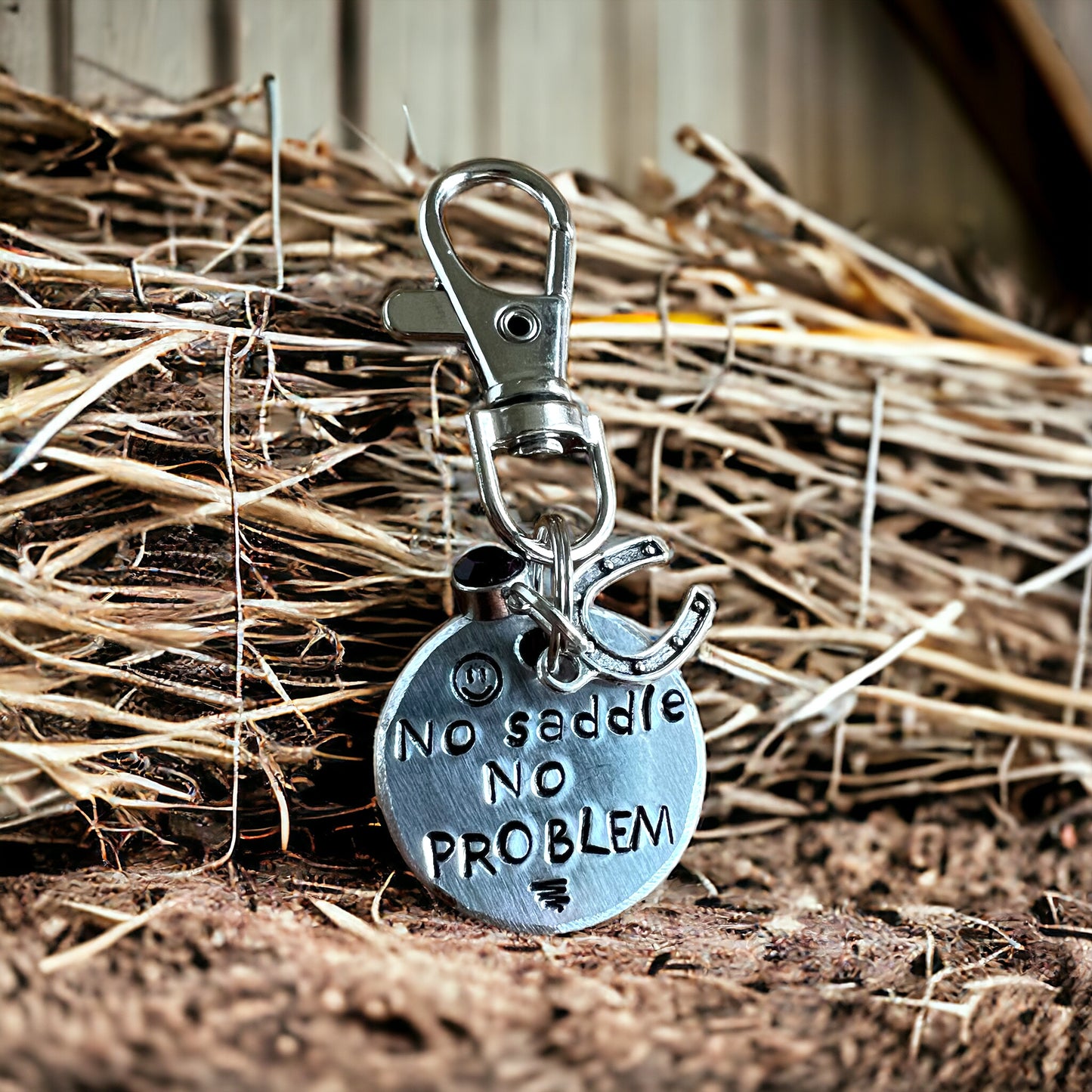 No Saddle No Problem / Bridle/ halter charm. Personalised horse name tag. Hand stamped. Horse lover gift