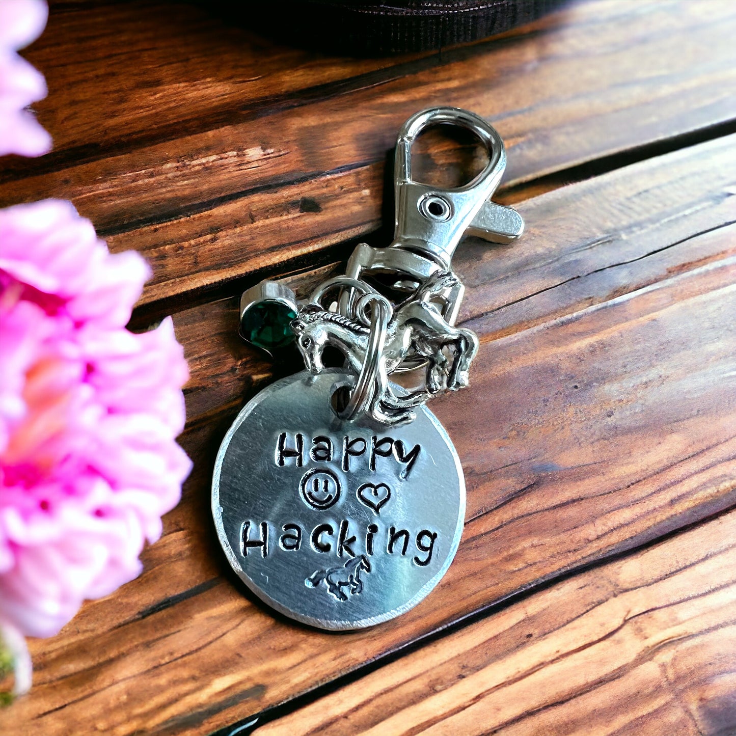 Happy Hacking/  Bridle Charm. Hand stamped. Horse lover gift