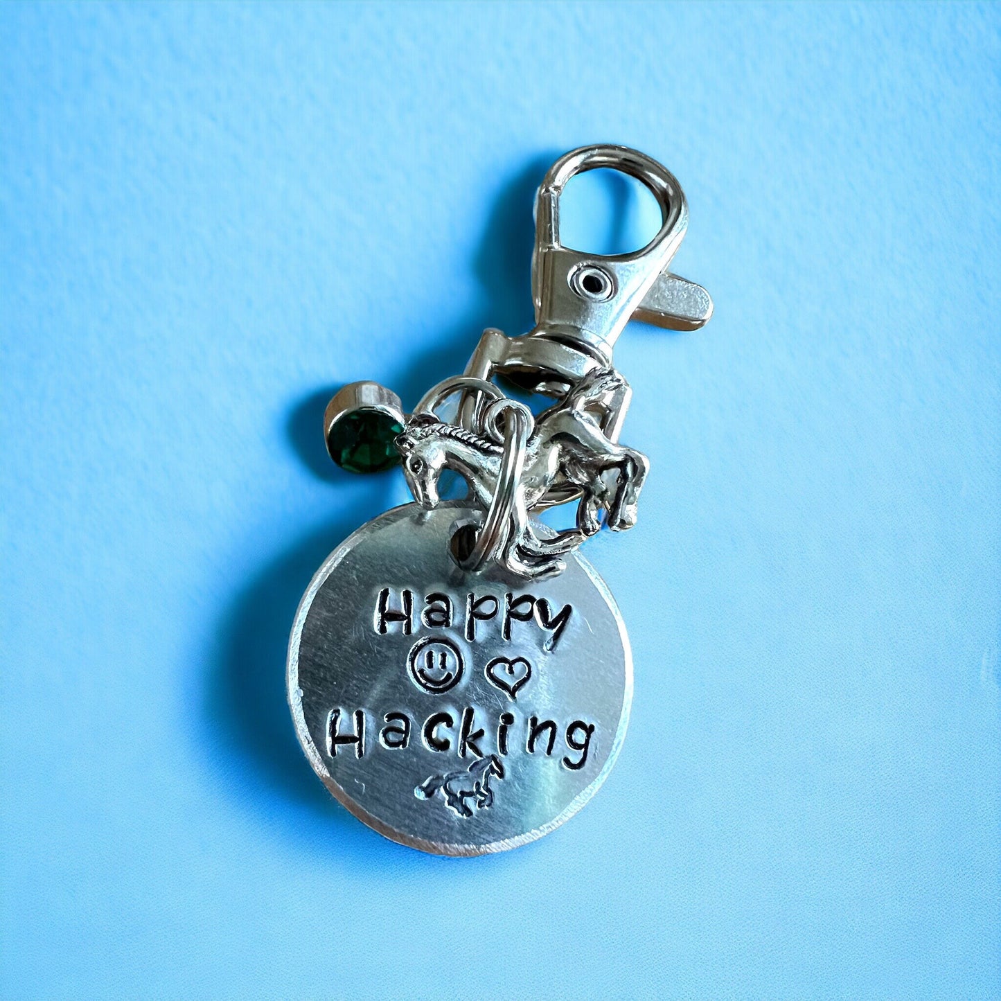 Happy Hacking/  Bridle Charm. Hand stamped. Horse lover gift